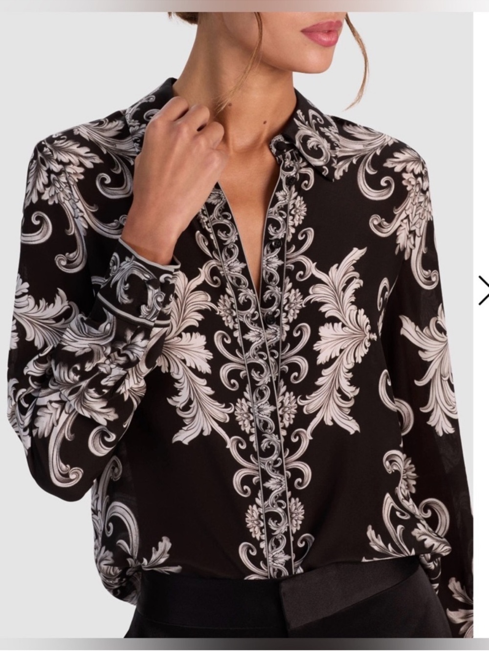 Alice + Olivia Black and White Baroque Print Silk Blouse